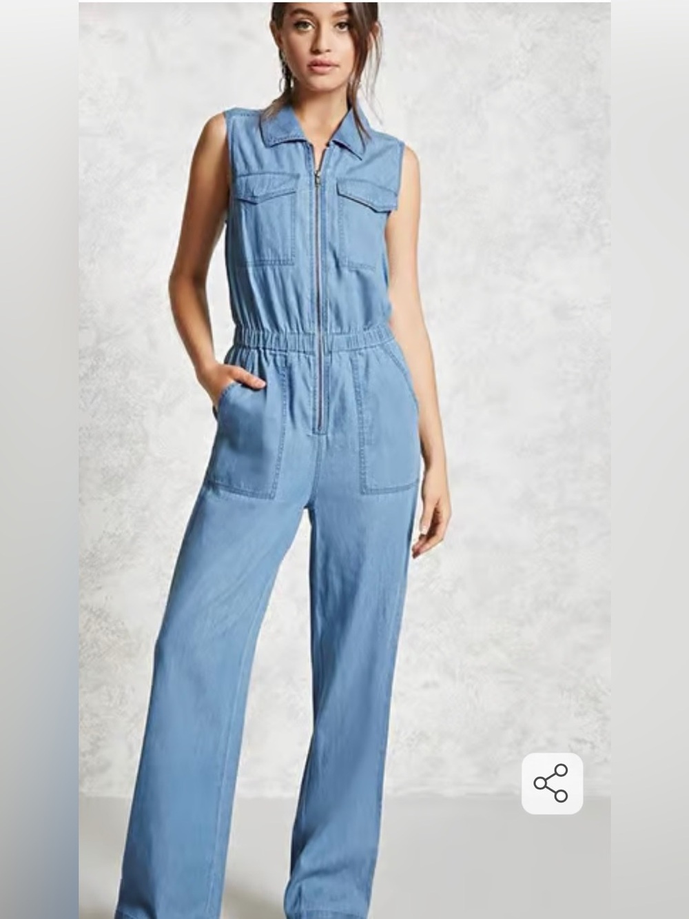 NWT FOREVER 21 Light Wash Sleeveless Denim Jumpsuit with Front Zip